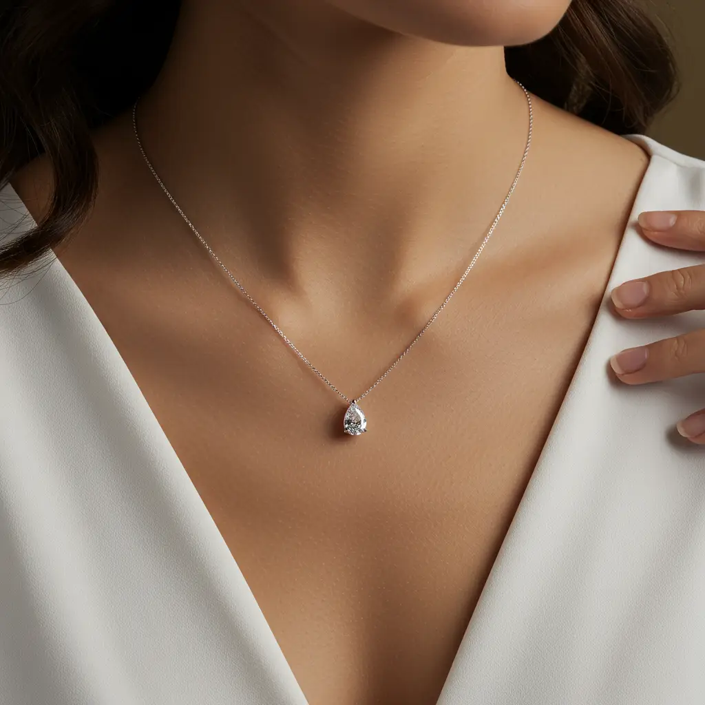 שרשרת זהב 14 קראט עם תליון יהלום מעבדה בצורת טיפה בשיבוץ מרחף על הצוואר - לואיזה תכשיטים.