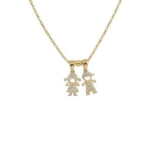 תליוני ילדים משובצים יהלומים (ילד וילדה) לשרשרת זהב