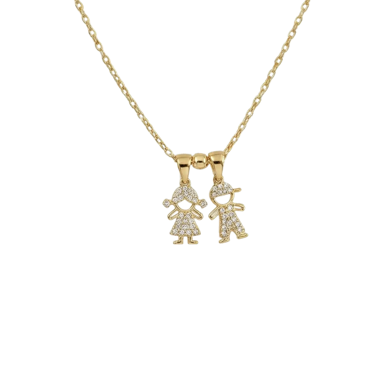 תליוני ילדים משובצים יהלומים (ילד וילדה) לשרשרת זהב