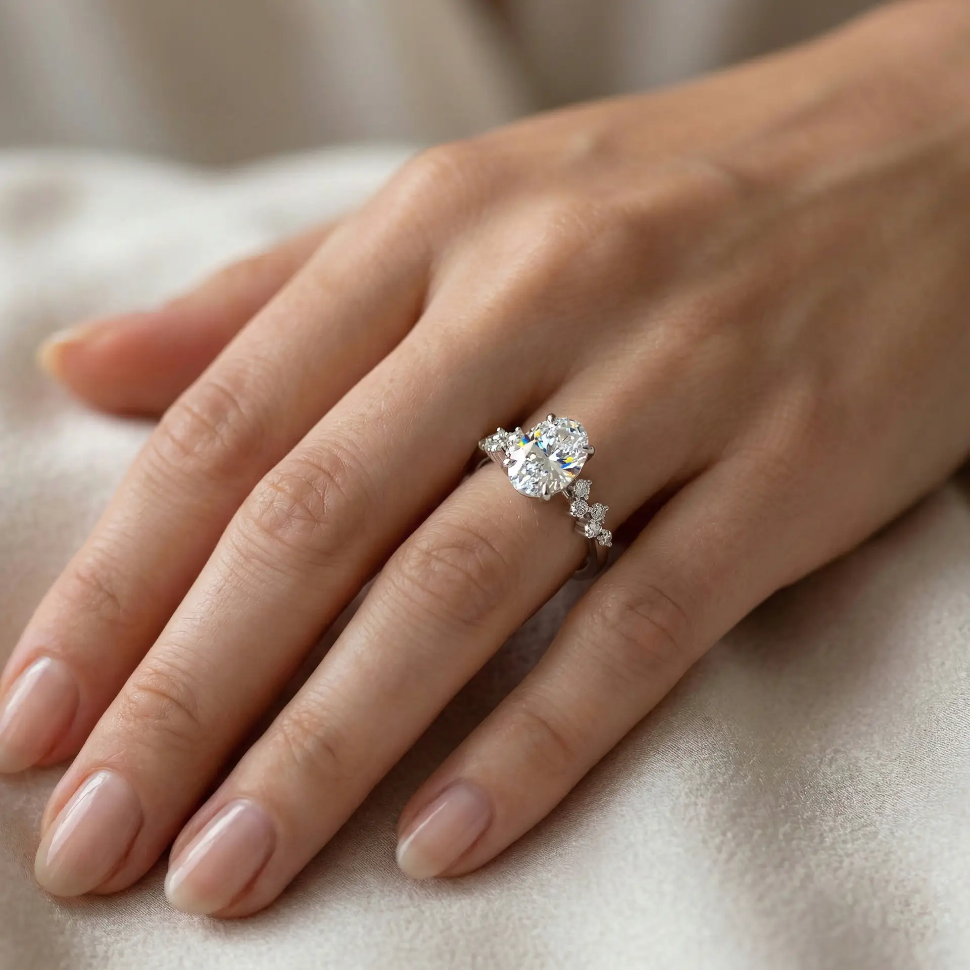 טבעת אירוסין יהלום אובל כוכבים לבן על יד