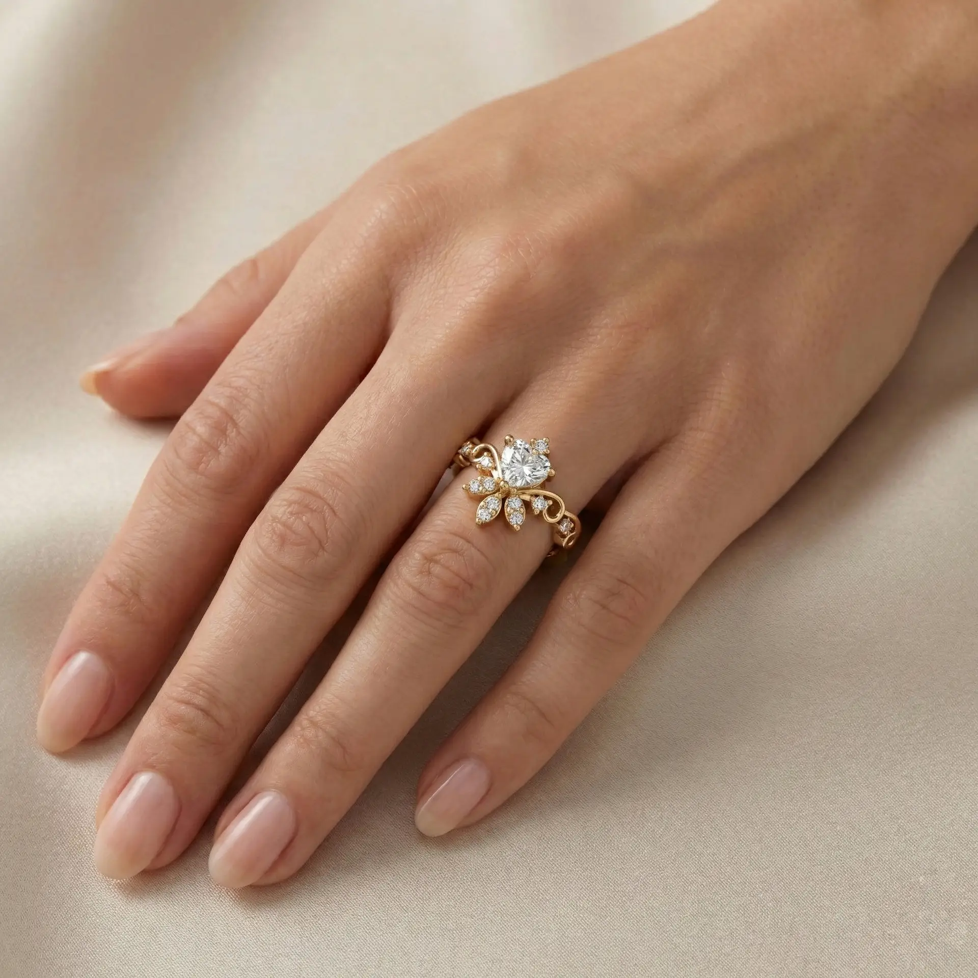 טבעת אירוסין יהלום לב בעיצוב שזור צהוב על יד טבעת אירוסין יהלום לב עם חישוק שזור ויהלומי צד.